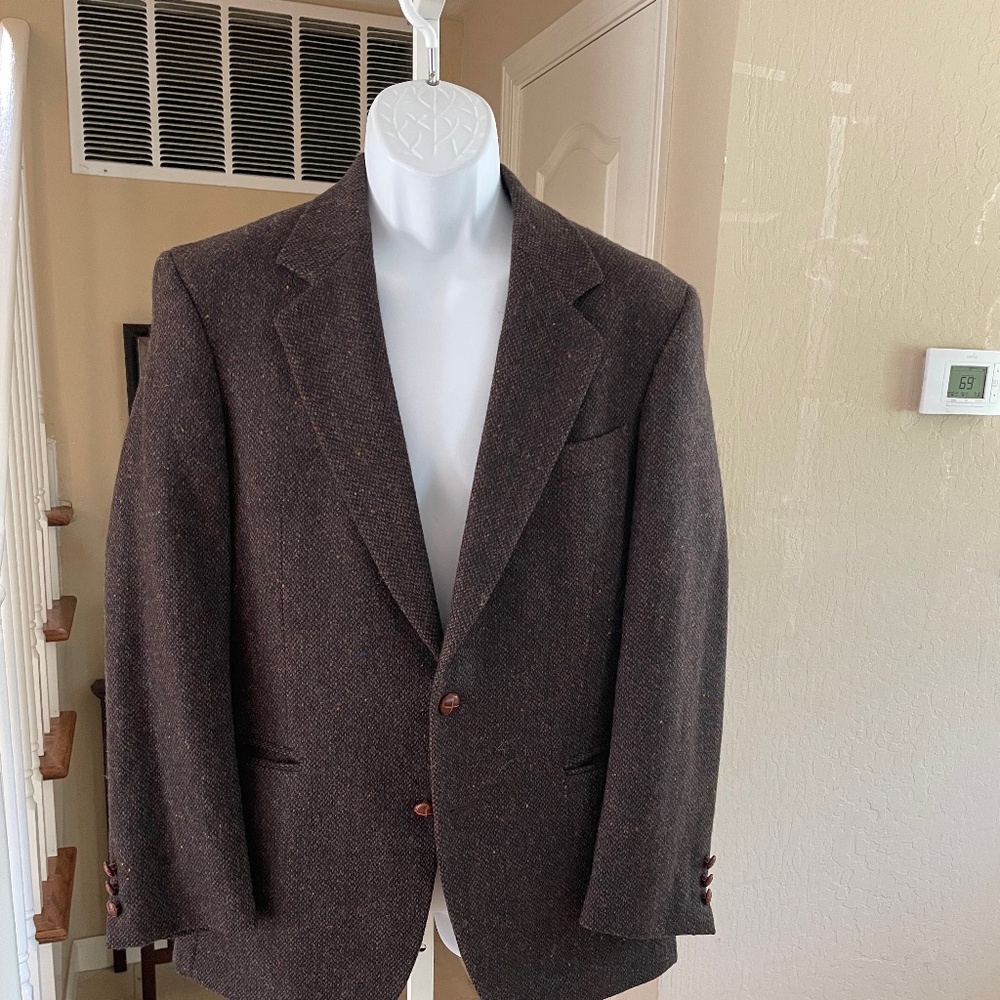 Vintage English Manor Two Button Dark Brown Tweed Blazer Wooden Buttons 36 S